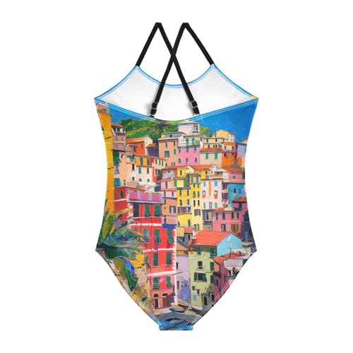ALAZA Colorful Houses Cinque Terre Italy Girl’s Swimsuits Bathing Suit One Piece Beach Swimwear2