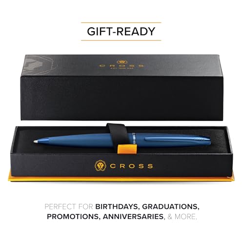 Image of Cross ATX Premium Sandblasted Dark Blue Ballpoint Pen - Sleek Metal Design, Polished Accents, Medium Point, Black Ink, Luxury Gift Box Included