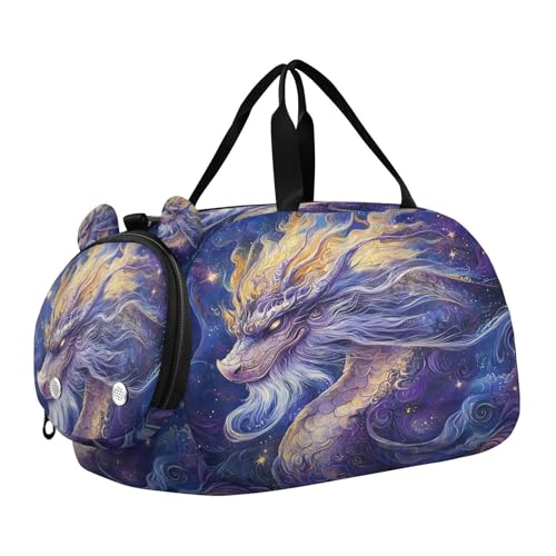 Gym Travel Duffle Bag for Boys Girls Purple Dragon Sports Dance Bag with Shoe Compartment & Wet Pocket Football Kids Travel Bag Teens Sleepover Carry