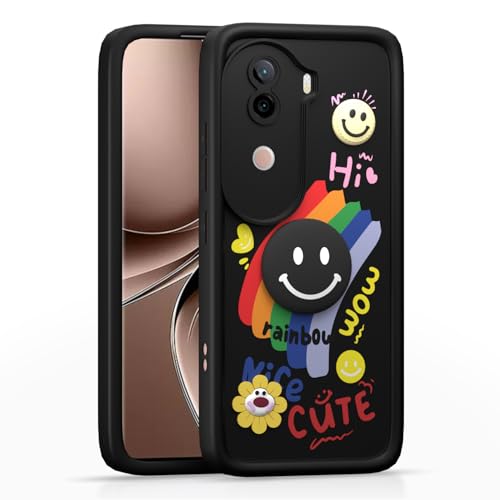 Image of Pikkme Back Cover for iQOO Z9s 5G / Vivo V40e 5G | Soft Silicone| Cute Rainbow Smile & 3D Cartoon Flower Design | Shockproof Raised Camera Protection Bumper Case (Black)