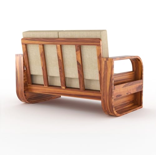 Image of Sheesham Wood 2-Seater Sofa - Solid Wood Couch with Natural Finish & Cream 40-Density Cushions | Wooden Sofa Set for Living Room & Office