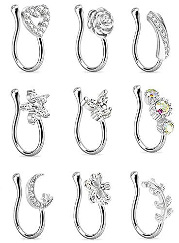 YOVORO 9Pcs Fake Nose Rings Hoop for Women Faux Cartilage Tragus Ring Nose Cuff Non Piercing Jewelry Set S