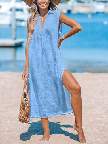 Image of CUPSHE Women's Swimsuit Coverup Casual Sleeveless Side Split Long Cardigans V Neck Midi Beach Dress