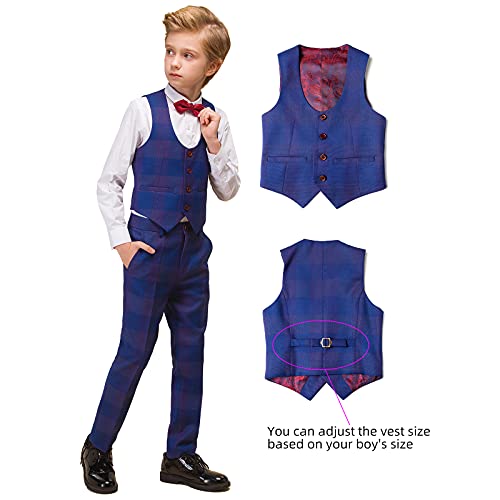 Elpa Elpa 7-Piece Plaid Boys Suits Slim Fit Little Kids And Big Youth Boy Suit Set, Blue Plaid(Wine Red Bowtie + Black Tie) Size 8 #TOP2