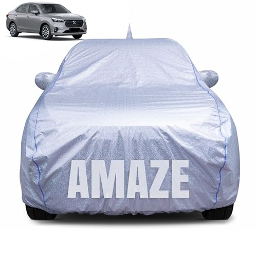 Image of 100% Waterproof Car Body Cover for Honda Amaze (2024-2025) with Mirror Pocket, Heat & UV Resistant, Triple Stitched, Soft Lining, Bottom Elastic & Piping (Silver Reflective)