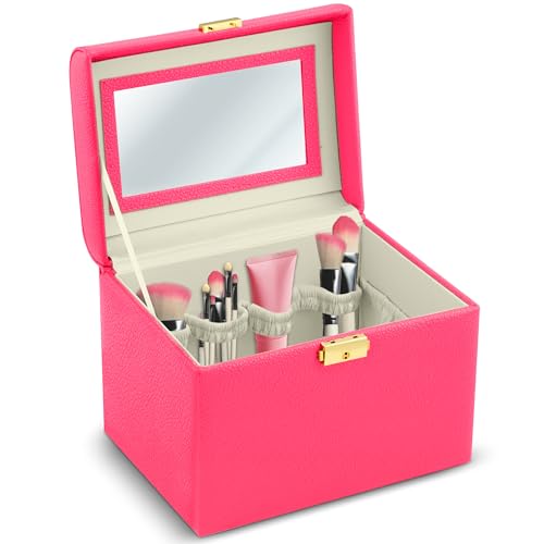 Mallette de maquillage en cuir synthétique rose avec miroir intégré