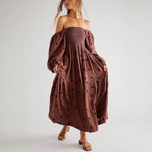 Chloefairy Fashion Women's 3D Floral Embroidered Maxi Dress Puff Sleeve Square Neck Tiered Flowy A-line Dress4