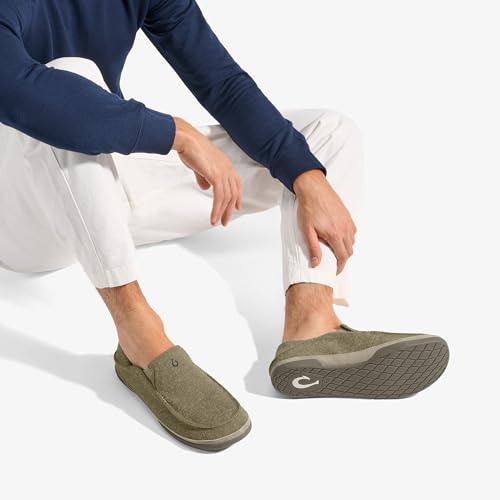 Image of OluKai Moloa Hulu Men's Wool-Blend Slippers, Soft & Heathered Knit Slip On Shoes, Suede Leather Foxing, Drop-In Heel Design