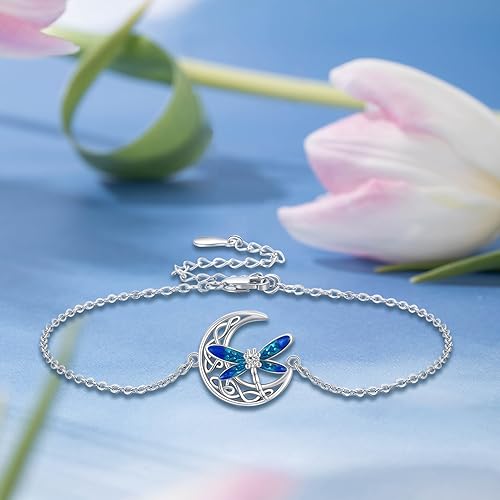 Image of Dragonfly Bracelet 925 Sterling Silver Butterfly Bracelet Adjustable Celtic Moon Bracelet Irish Celtic Jewelry Gifts for Women