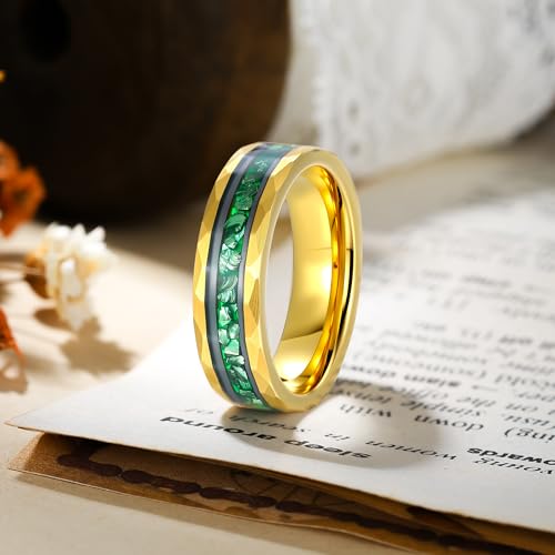 8mm Mens Tungsten Wedding Bands 14K Gold White Black Gold Plated Tungsten Rings for Men with Created Emerald/Ruby/Meteorite Inlay Promise Rings Hammer Comfort Fit Size 7-142