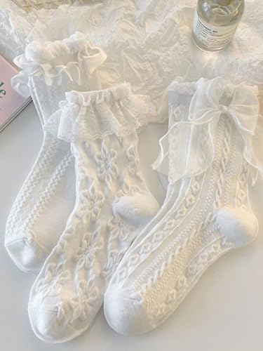 GORGLITTER Women's 3 Pairs Bowknot Floral Lace Ruffle Trim Socks Textured Mid Calf Crew Socks3