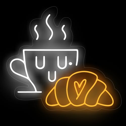 Image of Coffee & Croissant LED Neon Sign,Bakery Shop Bakery Decoration Neon Light coffee Cup Home Bar Wall Decor Croissant Lover Gift For Family Party Bedroom Restaurant Bar Birthday