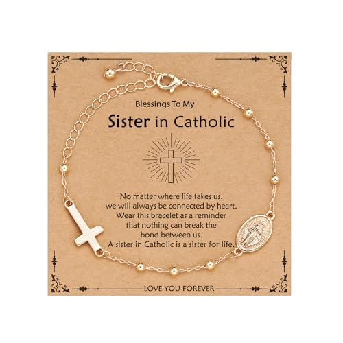 Image of Catholic Virgin Mary Cross Bracelet Gifts for Girls Teens Women, Rosary Beads Charm Link Chain Bracelet Easter First Communion Confirmation Baptism Religious Jewelry Gifts