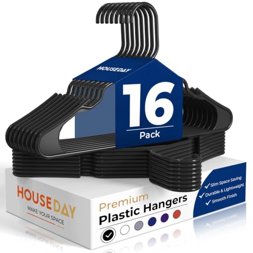 HOUSE DAY Black Plastic Hangers 16 Pack – Slim Space Saving Clothes Hangers