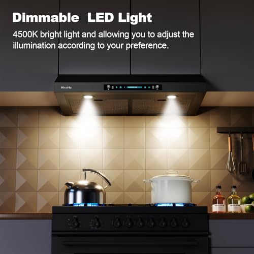 Image of HisoHu 30 Inch Under Ducted Cabinet Range Hood with 1200 CFM, 4 Speed Gesture Sensing Kitchen Exhaust Hood & Touch Control Panel, Stainless Steel Stove Vent Hood with 2 LED Lights（Black）