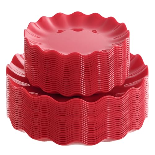 LIYH Red Plastic Plates 50 Pcs, Reusable Holiday Dinnerware Set