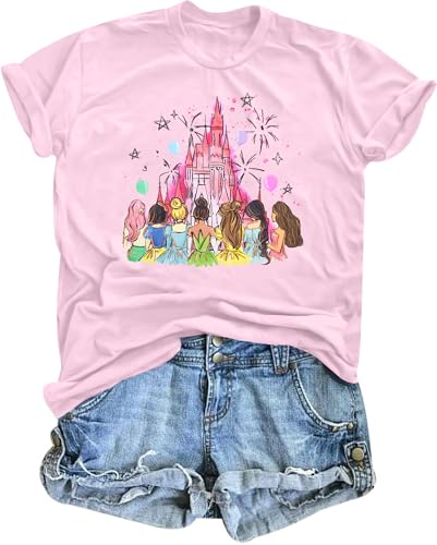 KIDDAD Magical Shirts for Women: Princess Shirt Magic Kingdom T Shirt Funny Family Vacation Tee Casual Holiday Tee Tops Pink