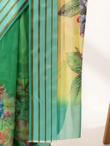 Image of AKHILAM Women's Green Organza Floral Printed Saree With Unstitched Blouse Piece(SAGE1004 AI)