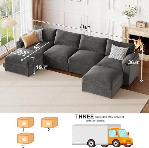 Image of Sectional Couches for Living Room FSC Certified Velvet Modular Couch Oversized Cloud U Shaped Convertible Sleeper Sofa Chaise Detachable Armrest Cushion (Velvet Grey, U Shape 6 Seat)