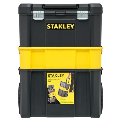 STANLEY Essential Rollende Werkstatt (3-in-1 stapelbare Boxen, leerer Werkzeugkasten, belastbar bis zu 20kg, mit Metallverschlüsse, Organizer für Kleinteile im Deckel) STST1-80151