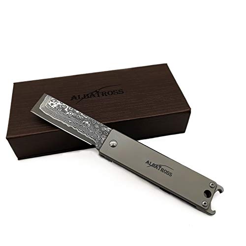 ALBATROSS EDC Mini Folding Camping Pocket Knife with Bottle Opener, Damascus Steel Blade&Titanium