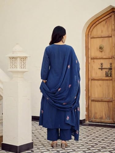 Image of ANNI Designer Kurta Set for Women Viscose Embroidered | Kurti Set for Woman | A Line Kurta Palazzo Dupatta 3 Piece Outfit | V Neck 3 /4 Sleeve Regular Fit Ethnic Dress Stylish Clothing