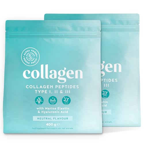 Collagene Poudre [2x400gr] | Collagen Peptides (Type I, II & III) | Collagène Hydrolysé en Poudre enrichi avec Elastine & Acide Hyaluronique | Goût Neutre | Alpha Foods
