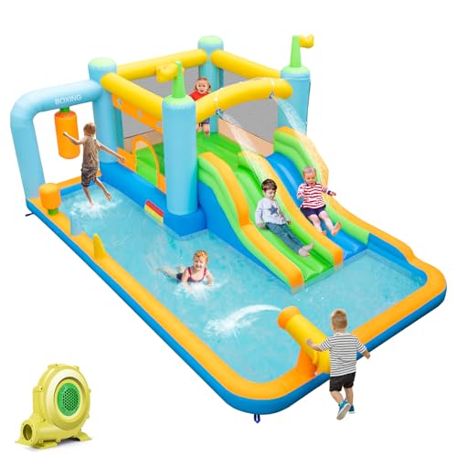 HONEY JOY Inflatable Water Slide, Giant Water Bounce House for Kids Backyard, Toddler Indoor Outdoor Blow up Jump Castle Waterslides Inflatables for Boys Girls(with 735w Blower)
