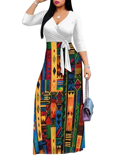 Image of PinkPatty Plus Size Maxi Dresses for Women Casual Flowy Long Dress 3 /4 Sleeve V Neck Wrap Dress with Belt