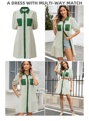 Image of AlvaQ Women Dress Summer 2025 Casual V Neck Short Sleeve Button Down Striped Tunic Dresses with Pockets