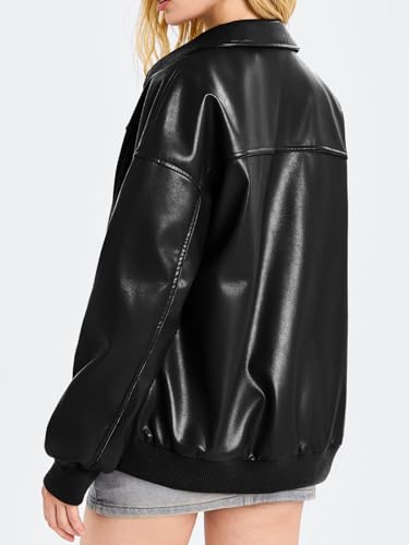Tankaneo Womens Faux Leather Jackets Oversized Bomber Casual Fall Fashion Zip Up Moto Biker Coats4