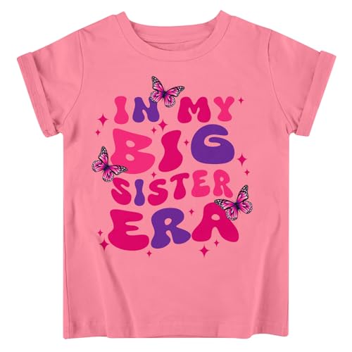 Image of Funnycokid Big Sister Shirts for Girls 4T 3T T-Shirt Pink Size 4 Pregnancy Announcement Toddler Promoted to Short Sleeve Butterflies Gifts