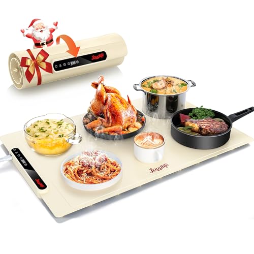 Image of Food Warming Mat 24x16 Inches, Electric Warming Tray with 7 Temps, Foldable Food Warmer for Parties, Buffets, Family Gatherings, Holiday & Sabbath, Child Lock, Heating Mat for Food, Beige