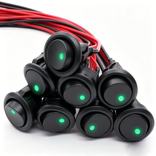 Twidec/8Pcs SPST Round Dot Lighted Rocker Switch Toggle Control for Car Or Boat 20A 12V DC On/Off Green LED Light with Pre-soldered Wires KCD2-102N-G-X