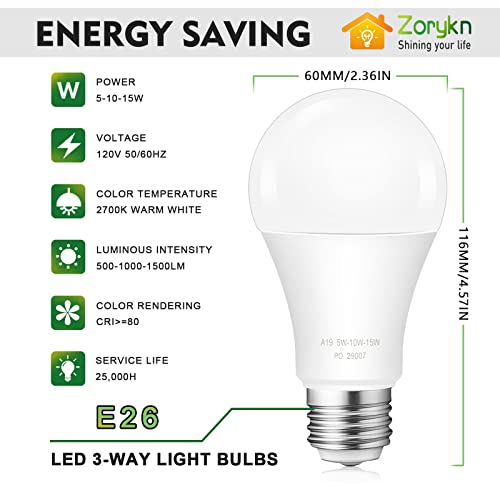 Zorykn 3 Way Led Light Bulbs, 40 60 100 Watt Equivalent, 2700K Warm White, Three Way A19 Dimmable Light Bulb With E26 Medium Base, Perfect For Table Lamps, Floor Lamps, 500-1000-1500Lm, 2 Pack #TOP1