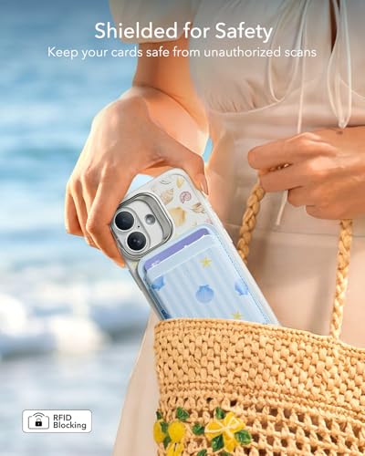 Image of ESR Aura for MagSafe Wallet for Women, RFID Blocking, MagSafe Sticker Included, 5 Cards Holder Magnetic Wallet for iPhone 17e /17 /16 /15 /14 /13 /12 & Select Samsung, Coastal Summer, Sky Blue