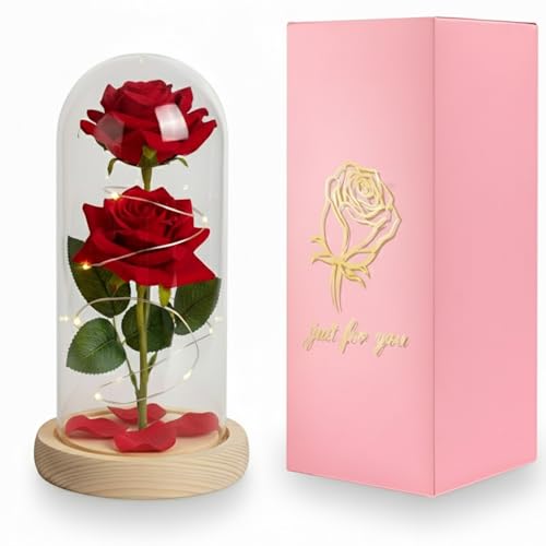 La mejor selección de Flores Top 5. 50 EYNSHOO Rosa Flor Eterna, la Bella y la Bestia, Rosas Flor Artificial Luces LED, con Cúpula, Base Pino y Doble Rosas, Romántico Regalo para Novia o Esposa, San Valentín, Día De...