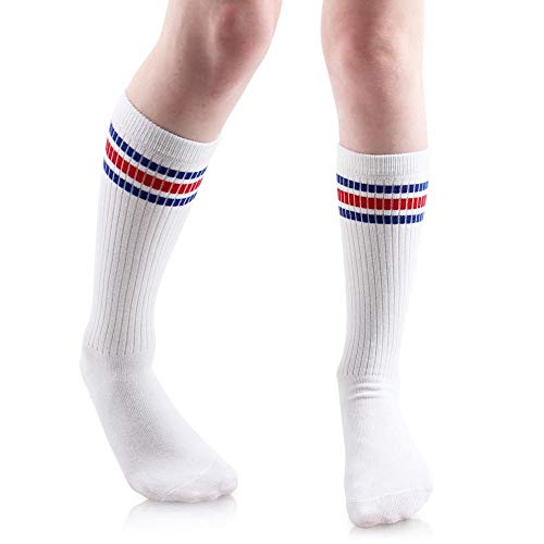 juDanzy Baby, Toddler & Kids Knee High Tube Socks For Boys & Girls With Grips (10-15 years, White with Blue/Red Stripes)