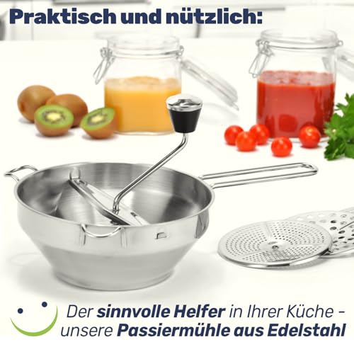 Foto von Gravidus Edelstahl Passiermühle 3 Austauschbare Einsätze für Marmelade, passierte Tomaten, Gelees, Suppen & Babynahrung Einfach zu Reinigen, Spülmaschinengeeignet, 32,5 x 19,5 x 19,2 cm