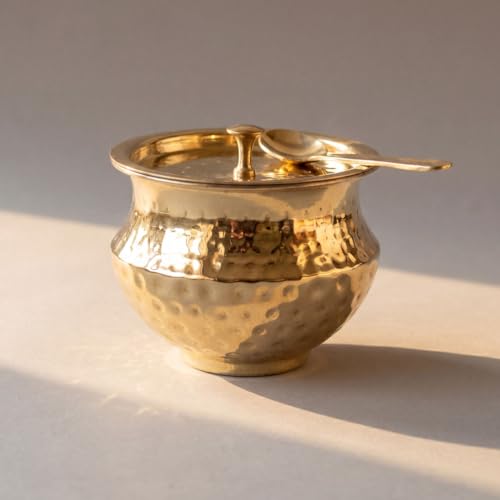 Image of P-TAL Handcrafted Brass Ghee Pot with Kalai Coating, 500ml, Wide Mouth, with Lid and Spoon, Traditional Storage Jar