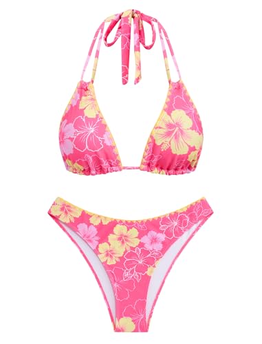Image of ZAFUL Women Halter Dual Straps Whip Stitch Floral Triangle Bikini Swimsuits