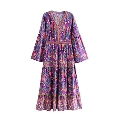 Pulcykp Vestido largo plisado bohemio con estampado floral y manga murciélago, cuello en V, vestido de verano para mujer, Morado (, M