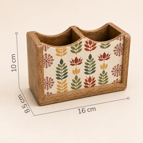 Image of The Earth Store Wooden Leafon Cutlery Holder 2 Division | 6 Inch White & Brown Spoon & Utensil Organizer | Table Top Kitchen Cutlery Stand for Dining Table & Counter Storage