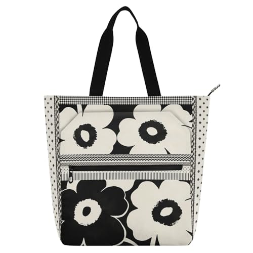 Bolsa de libros resistente y grande de diseño floral abstracto blanco y negro