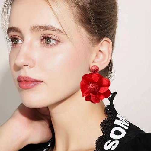 Rattan Earrings Summer Boho Handwoven Big Fabric Chiffon Rattan Flower Drop Earrings Statement Tropical Beach Vacation Jewelry4