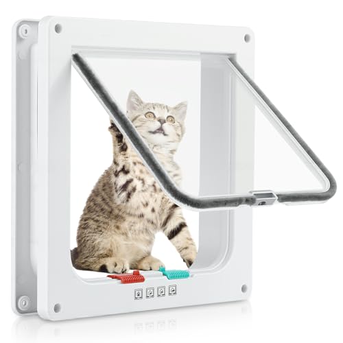Cat Door for Interior Exterior Door (Outer Size 9.8" x 9.3"), 4-Way Locking Flap for Cats & Dogs(Circumference < 23"), Weatherproof Pet Door, White, ABS Material (L)
