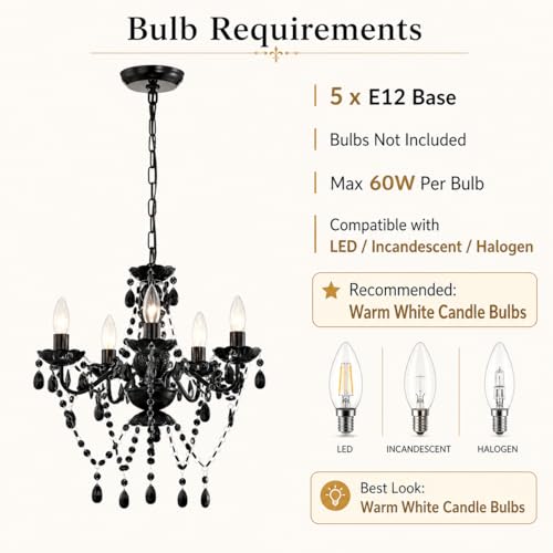 Black Small Crystal Chandelier, 5-Light Acrylic Chandelier Lighting Fixture for Bedroom, Closet, Dining Room, Bathroom, Entryway Ceiling Light by Antique House - Image 6