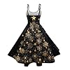 Christmas Dresses for Women UK, Women's 50s Vintage Christmas Dress Novelty Snowflake Print Sleeveless Flowy Swing A-Line Party Midi Dress,Gold,S,u322k #2