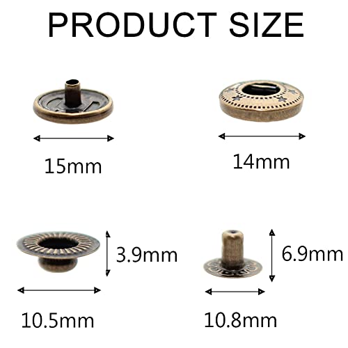 24 Sets Heavy Duty Leather Snap Fasteners Kit, BetterJonny 15mm Metal Snap Buttons Press Studs Leather Rivets Snaps with 4 Setter Tools for Clothes Bracelet Jackets Jeans Antique Brass