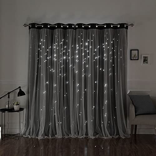 Aurora Home Star Punch Tulle Overlay Blackout Curtain Panel Pair Dark Grey...